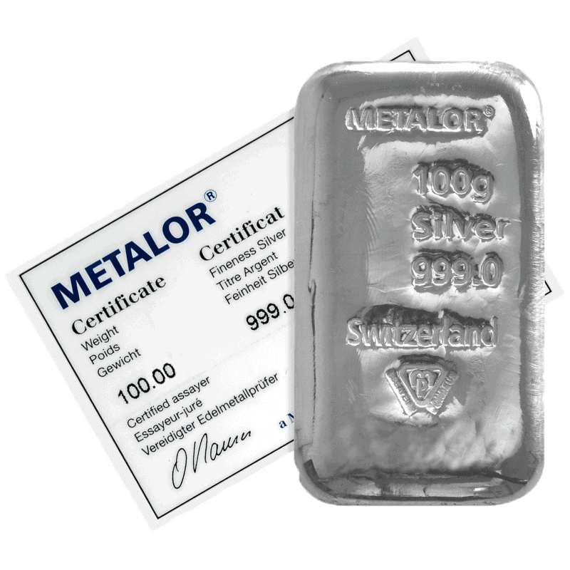 100g Metalor Silver Bar with Assay Certificate