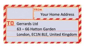 Parcel address label showing Gerrards Ltd, 63 - 66 Hatton Garden, London EC1N 8LE